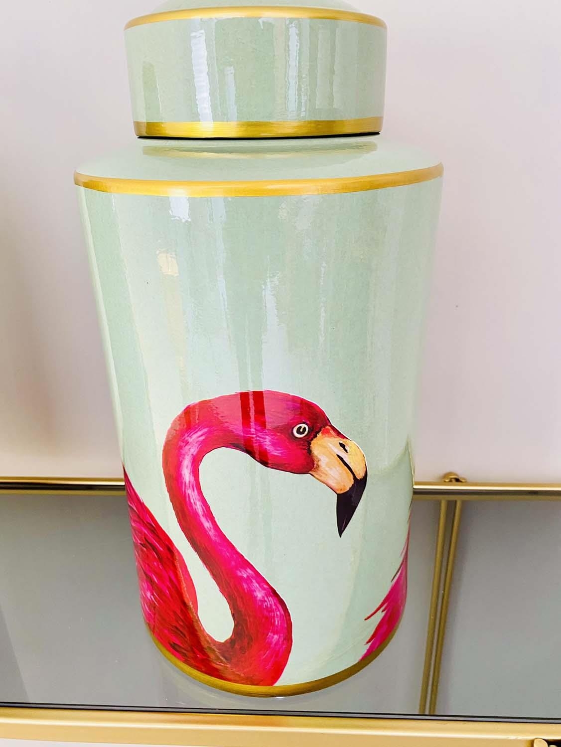 GINGER JARS, a pair, 40cm high, 20cm diameter, each glazed ceramic with flamingo design. (2) - Image 4 of 4