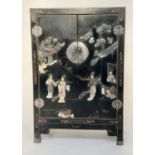 CHINESE SIDE CABINET, lacquered and Chinoiserie gilt decorated and silvered metal mounted with two