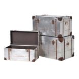 AVIATOR STYLE TRUNKS, a graduated set of three, largest measuring 44cm high, 82cm long, 46cm