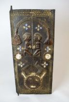 AFRICAN TRIBAL DOOR, carved with opposing kneeling figures with feather edge and blue and white