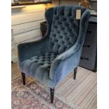 JOHN SANKEY ARMCHAIR, 115cm H, button back grey velvet upholstered.