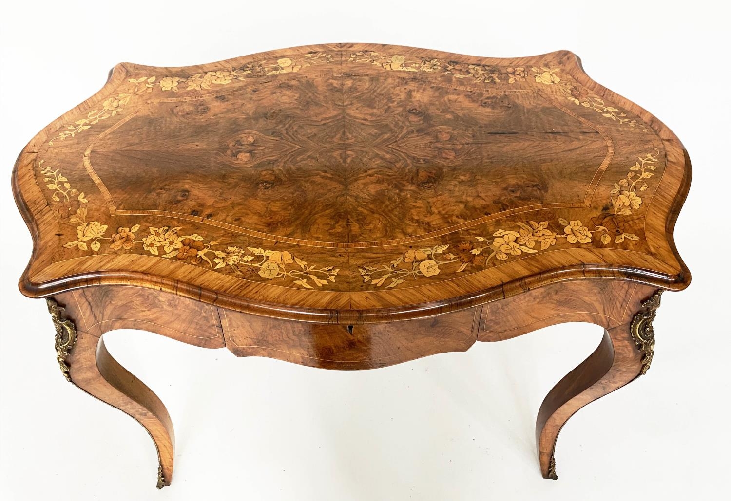 BUREAU PLAT, 19th century French Louis XV style burr walnut and gilt metal mounted with frieze - Image 2 of 7