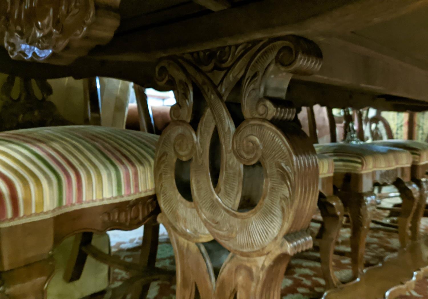 DRAW-LEAF TABLE, 372cm L extended x 81cm H x 105cm D 20th century Continental walnut on ornate - Image 4 of 7