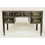 CHINESE WRITING TABLE/DESK, early 20th century Chinese lacquered and gilt chinoiserie hand painted