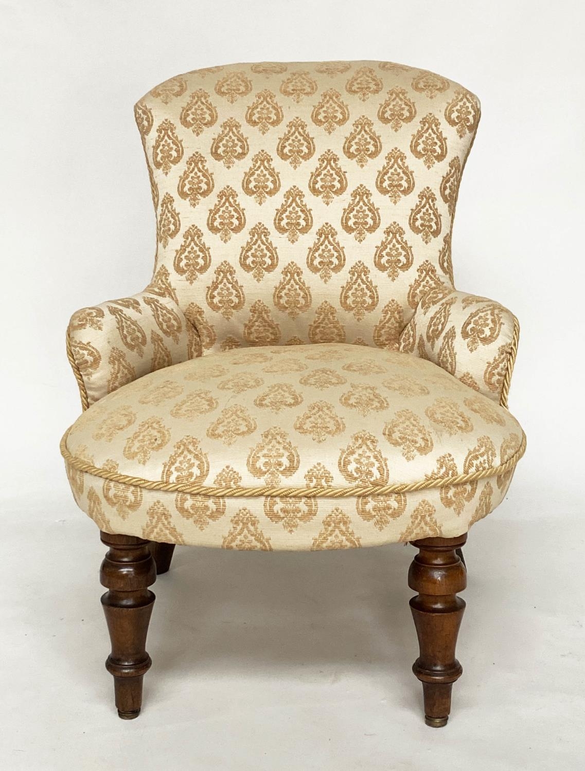 SLIPPER ARMCHAIR, Victorian walnut with two tone woven leaf upholstery and turned front supports, - Image 4 of 5