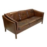 DANISH SOFA, 1970's three seater, teak framed and worn grained leather upholstered, 200cm W.