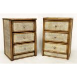 BEDSIDE CHESTS, a pair, bamboo framed, wicker-panelled and cane bound each with three long drawers