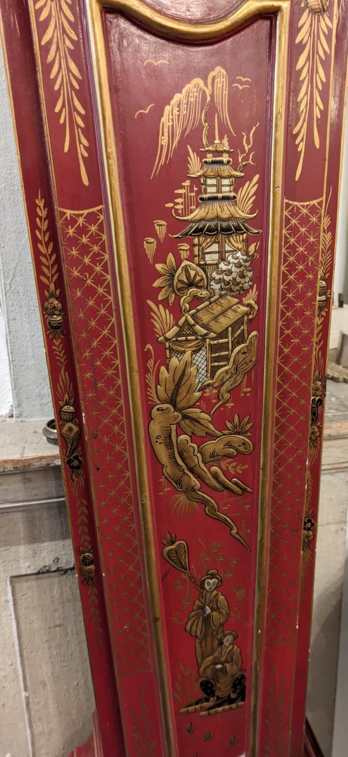 DWARF LONGCASE CLOCK, 27cm W x 138cm H x 18cm D scarlet lacquered, chinoiserie decorated bearing " - Image 5 of 5