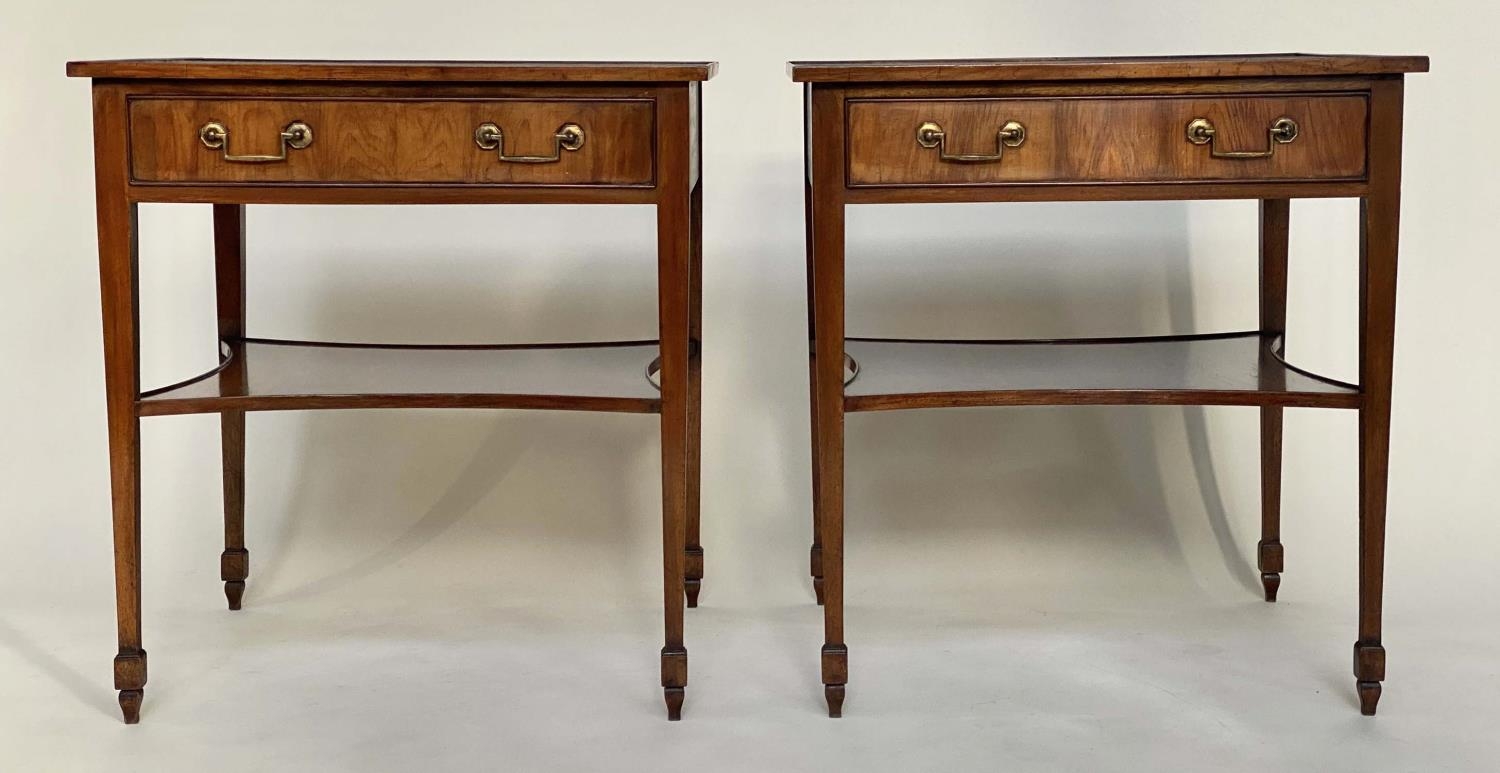 LAMP TABLES, a pair, George III design figured yewwood each with drawer and undertier, 62cm W x 54cm