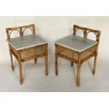 LAMP TABLES, a pair, bamboo framed and cane bound with upstands and marble tops, 43cm x 43cm x
