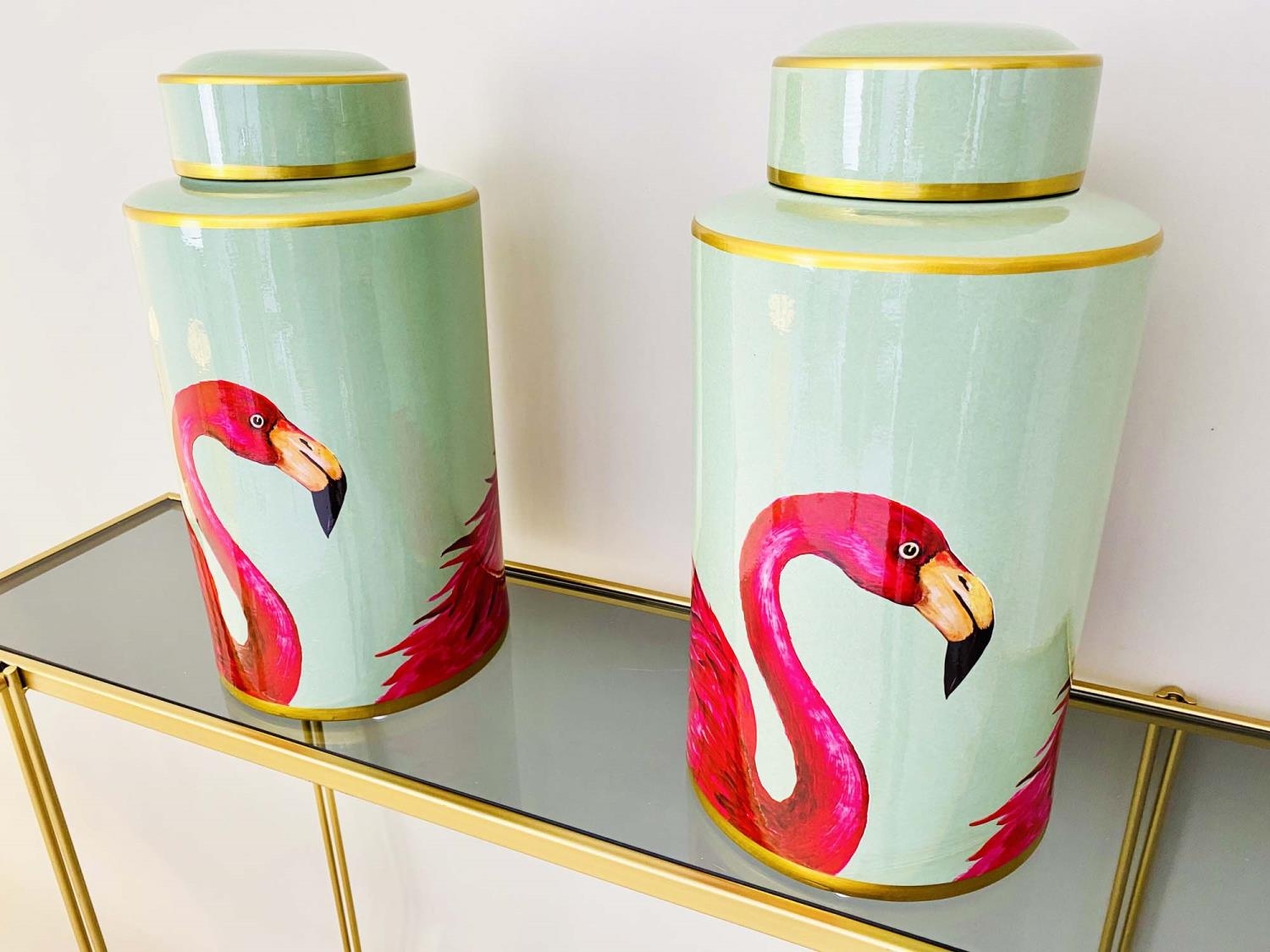 GINGER JARS, a pair, 40cm high, 20cm diameter, each glazed ceramic with flamingo design. (2) - Image 2 of 4