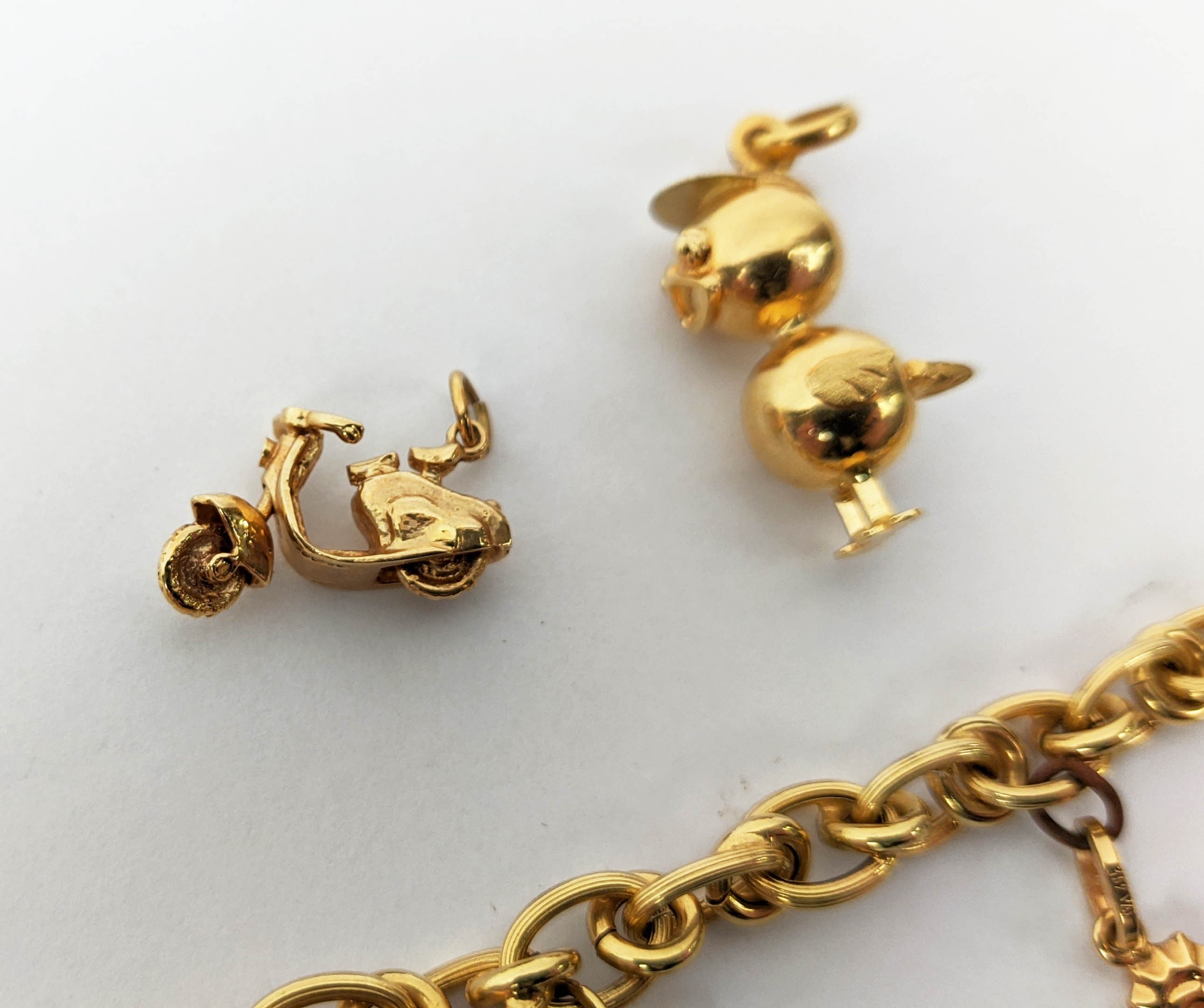 AN 18CT GOLD CHARM BRACELET, fitted with seven charms, plus two further loose charms, 21cm long, - Image 3 of 8