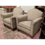 CLUB ARMCHAIRS, a pair, traditional brown and beige upholstery, piping to edges, wooden frames, 84cm