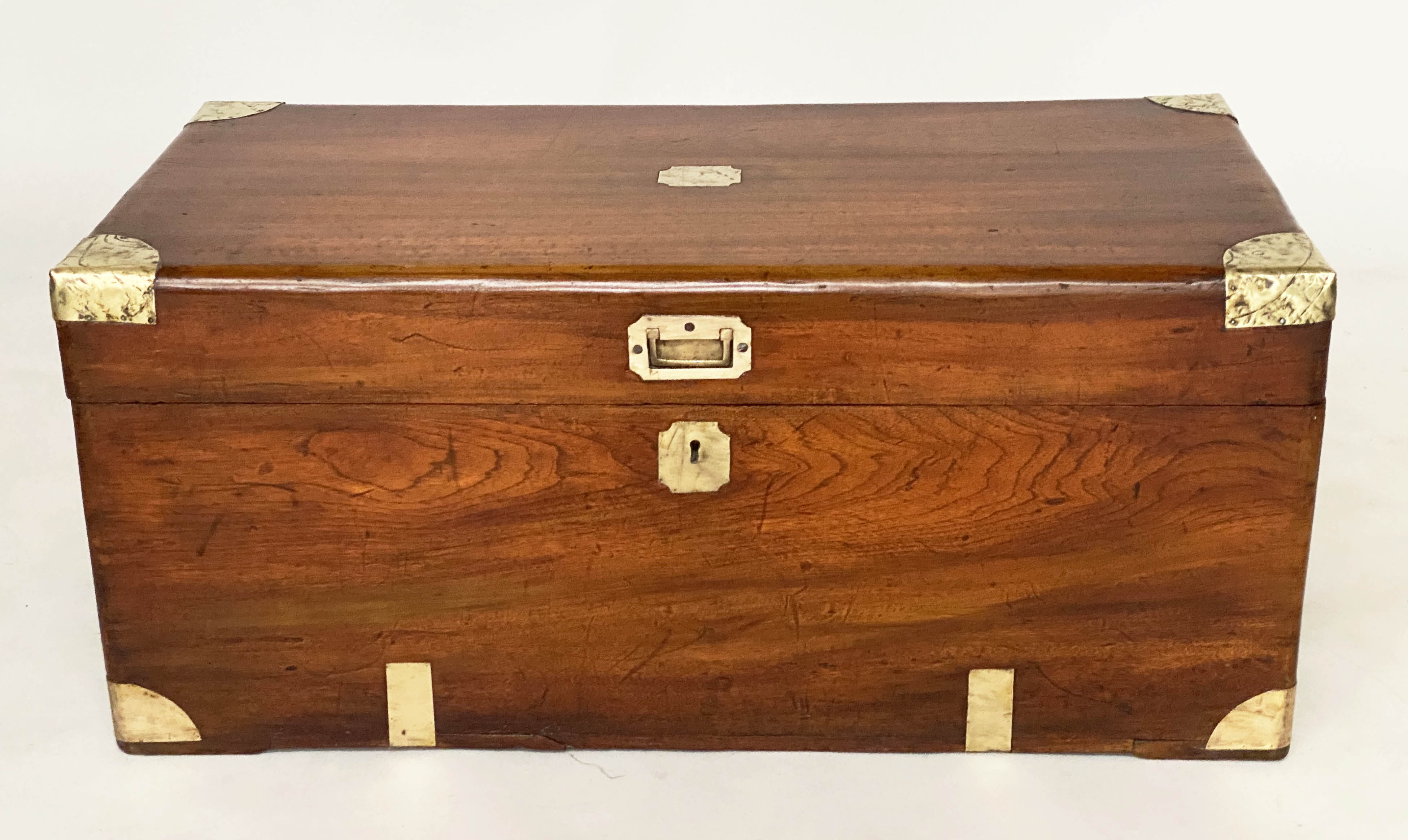 TRUNK, 19th century Chinese export camphorwood and brass bound with rising lid candlebox interior