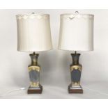 TABLE LAMPS, a pair, pewter and pierced and engraved gilt metal mounted of vase form with bespoke