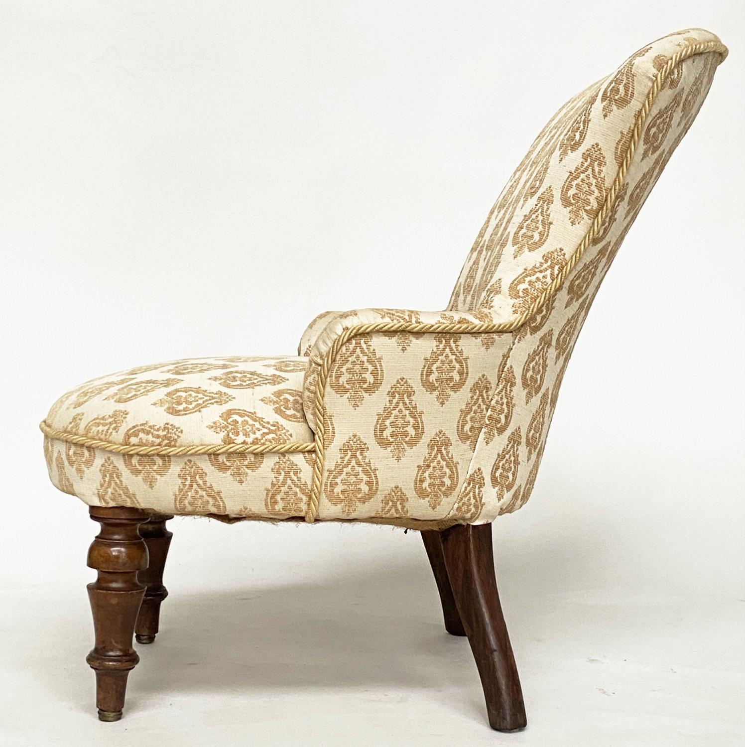 SLIPPER ARMCHAIR, Victorian walnut with two tone woven leaf upholstery and turned front supports, - Image 5 of 5