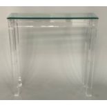 ARTEFLEX CONSOLE TABLE, Italian lucite and polished glass top, 100cm W x 30cm D x 100cm H.
