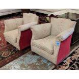 TUB CHAIRS, a pair, mid 20th century, red patterned beige ground upholstery with velvet sides and