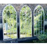 ARCHITECTURAL GARDEN WALL MIRRORS, set of three, 160cm high, 67cm wide, Gothic arched metal