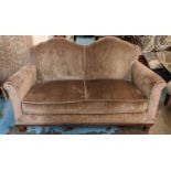 SOFA, traditional brown cloth upholstery, beige piping to edges, wooden frame, 84cm H x 145cm W x