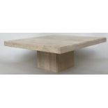 TRAVERTINE LOW TABLE, 1970's Italian, rectangular with plinth support, 100cm x 100cm x 40cm H.