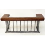 CLUB FENDER, early 20th century Edwardian antique tan brown leather hide continuous seat raised upon