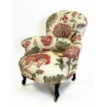 BERGERE, 81cm H x 71cm, Napoleon III ebonised in Zoffany floral fabric on castors.