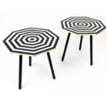 LAMP TABLES, a pair, 1970's Italian design, octagonal inlaid tops on tripod metal legs, 47cm H x