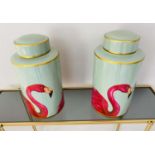 GINGER JARS, a pair, 40cm high, 20cm diameter, each glazed ceramic with flamingo design. (2)