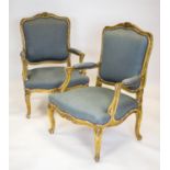 FAUTEUILS, a pair, 100cm H x 68cm, 19th century French giltwood, in grey fabric. (2)