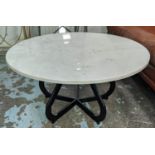 COCKTAIL TABLE, white marble top, on matt black painted metal base, 80cm W x 80cm L x 400cm H.