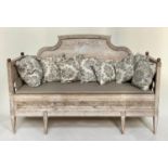 SWEDISH GUSTAVIAN DAYBED/SOFA BENCH, 18th century original patina grey with carved raised back and