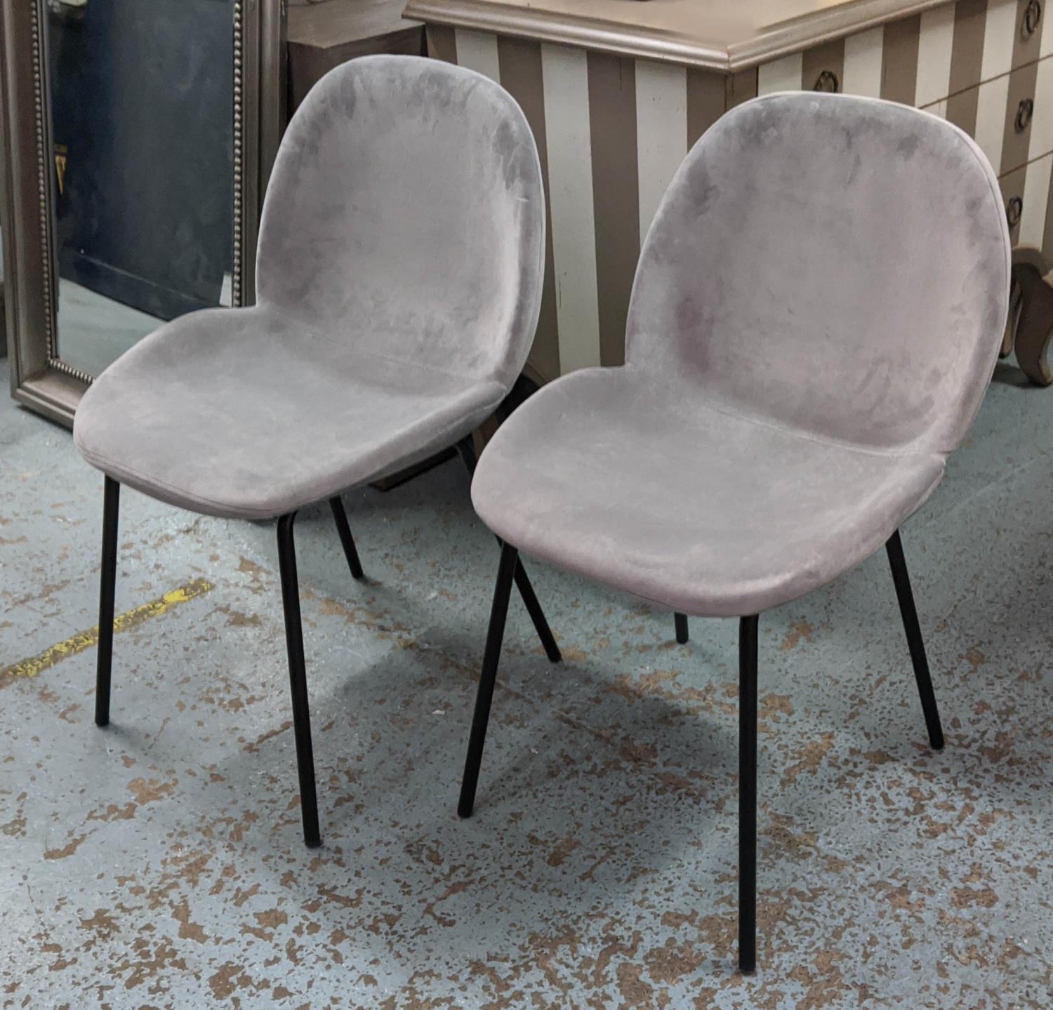 BEETLE STYLE CHAIRS, a set of 6, Light Grey Velvet upholstered, 530cm W x 560cm D x 815cm.