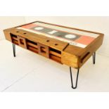 LOW TABLE, 40cm high, 110cm long, 60cm deep, in the form a cassette tape, hair pin supports.