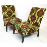 LOUNGE CHAIRS, a pair, 90cm H x 66cm, in Batik fabric. (2)