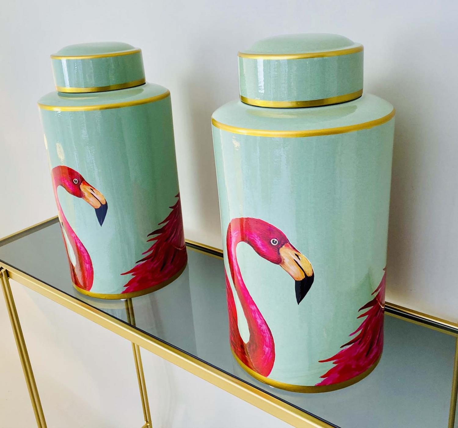GINGER JARS, a pair, 40cm high, 20cm diameter, each glazed ceramic with flamingo design. (2) - Image 3 of 4
