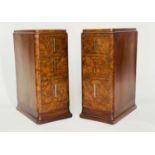 ART DECO BEDSIDE CHESTS, a pair, burr walnut each with three drawers, 32cm x 49cm x 70cm H. (2)