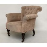 ARMCHAIR, Victorian mahogany with taupe grey buttoned chenille upholstery, scroll arms and turned