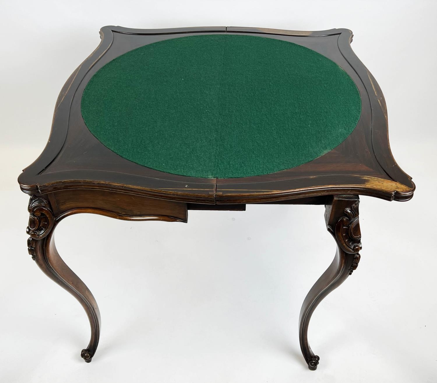 SERPENTINE CARD TABLE, 76cm H x 88cm x 45cm, 86cm open, Napoleon III rosewood with green baize top - Image 2 of 4