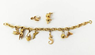 AN 18CT GOLD CHARM BRACELET, fitted with seven charms, plus two further loose charms, 21cm long,