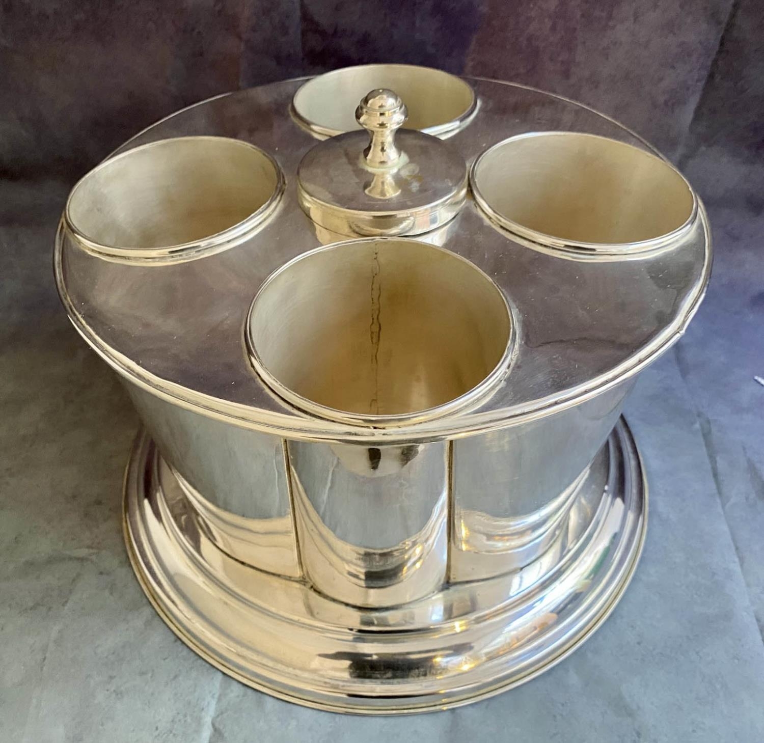 WINE COOLER, 32cm diam. x 23cm, four bottle, Art Deco style, polished metal.