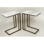 SIDE TABLES, a pair, rectangular grey white variegated marble tops on shaped gilt metal supports,