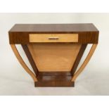 ART DECO CONSOLE TABLE, figured walnut and bois satin contrast with angled supports, 102cm x 40cm