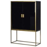 DRINKS CABINET ON STAND, 178cm high, 115cm wide, 50cm deep, black painted and gilt details, gilt