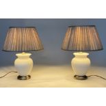 MAISON TABLE LAMPS, a pair, cream crackelure ceramic vase form with pleated linen shades, 48cm H. (