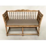 HALL SEAT, Continental style beechwood with enclosed turned rail back and raw linen upholstery,