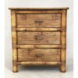 BAMBOO CHEST, rattan and split cane with three long panelled drawers, 88cm W x 50cm D x 98cm H.