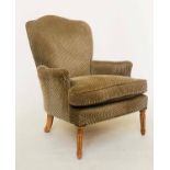 ARMCHAIR, walnut frame with soft woven upholstery feather fitted cushion and fluted supports, 65cm