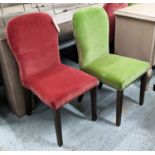 DINING CHAIRS, 93cm H, a set of five, velvet upholstered, three green and two red, studded detail.