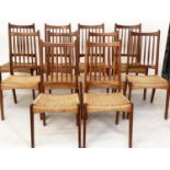 ARNE HORMAND DINING CHAIRS, a set of ten Danish teak with bar backs and woven cord seats, 46cm W. (